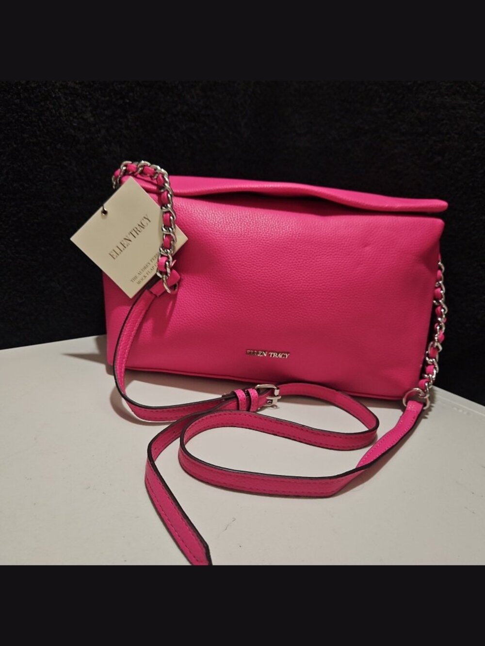 Ellen Tracy Hot Pink Pebbled Leather Chain Strap Crossbody